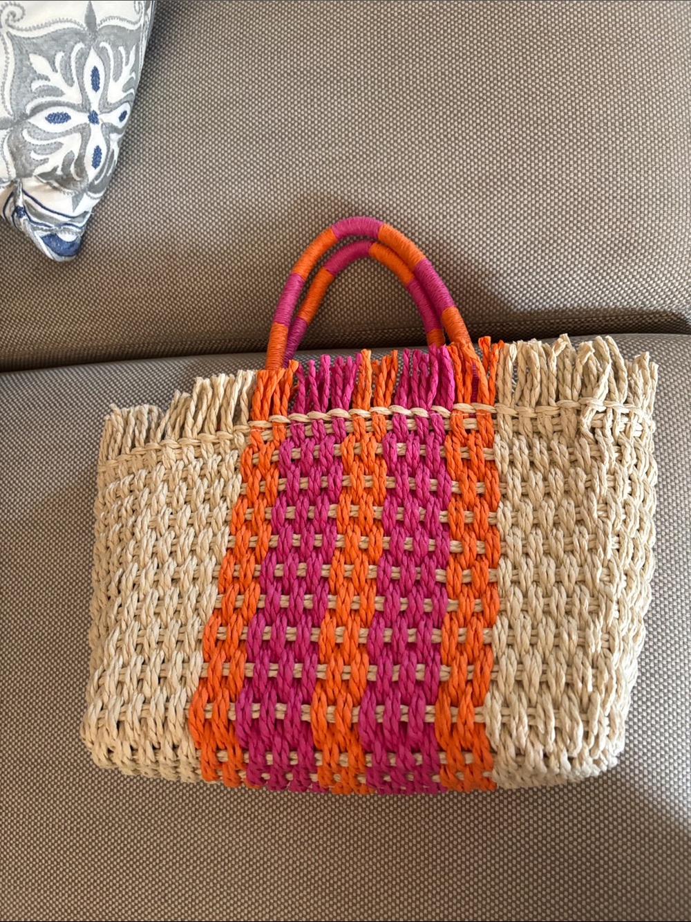 Shiraleah Straw Tote with Pink and Orange Center Weave